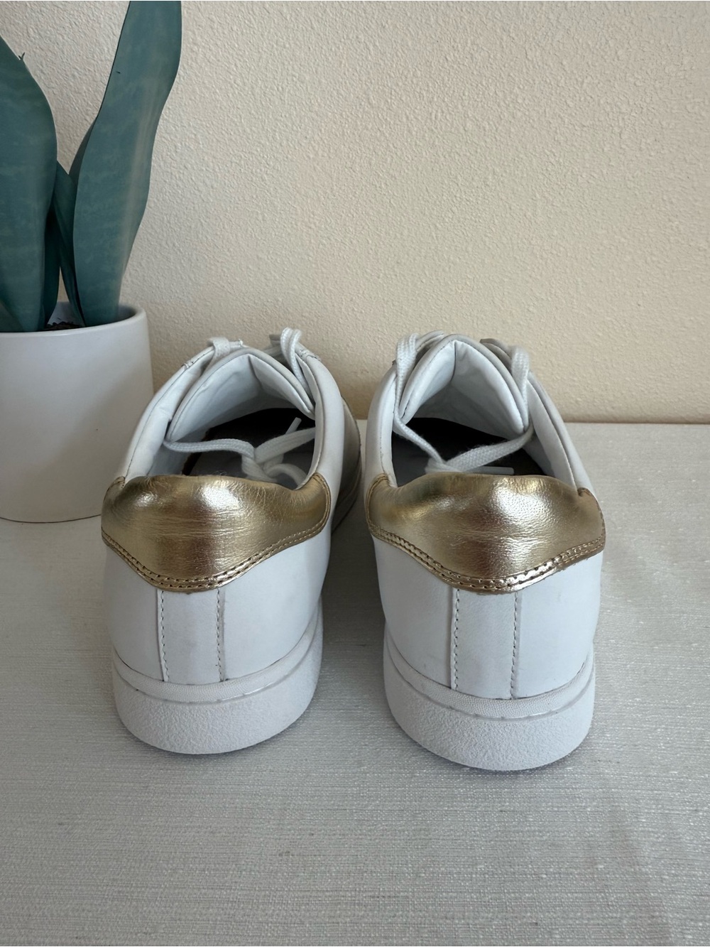 New Sofft White Leather Sneakers with Gray Toe and Gold Heel Accent - Picture 8 of 12